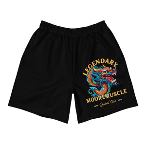 Black performance shorts, front view, Legendary MooreMuscle graphic on leg