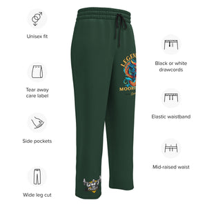 Design layout of Legendary Sweatpants featuring dragon artwork placement, product fit details, and material icons.