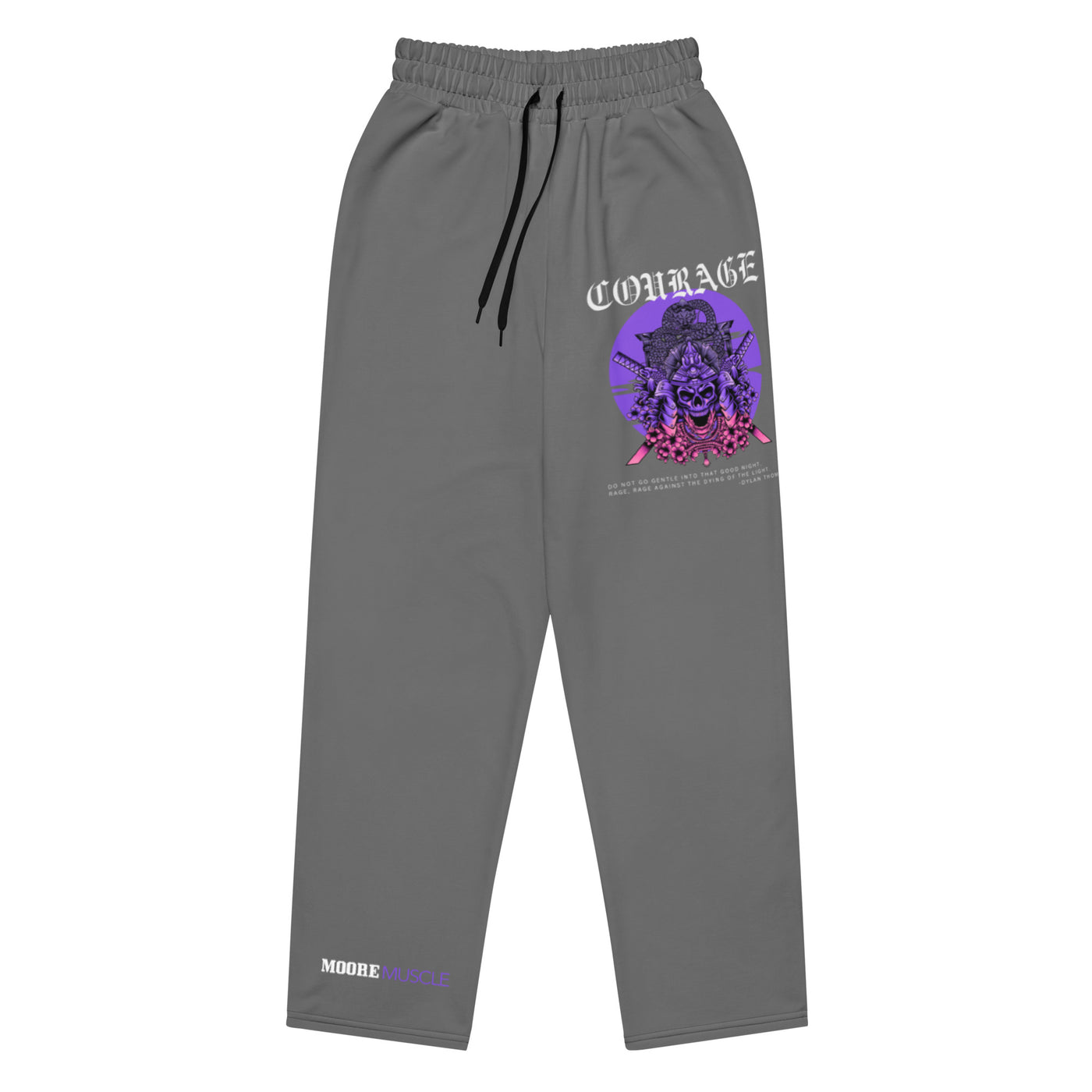 Courage wide leg sweatpants in charcoal gray with purple graphic and MooreMuscle branding