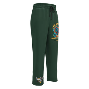 Side view of Legendary Sweatpants in dark green showing relaxed wide-leg cut and printed graphics on thigh and ankle.