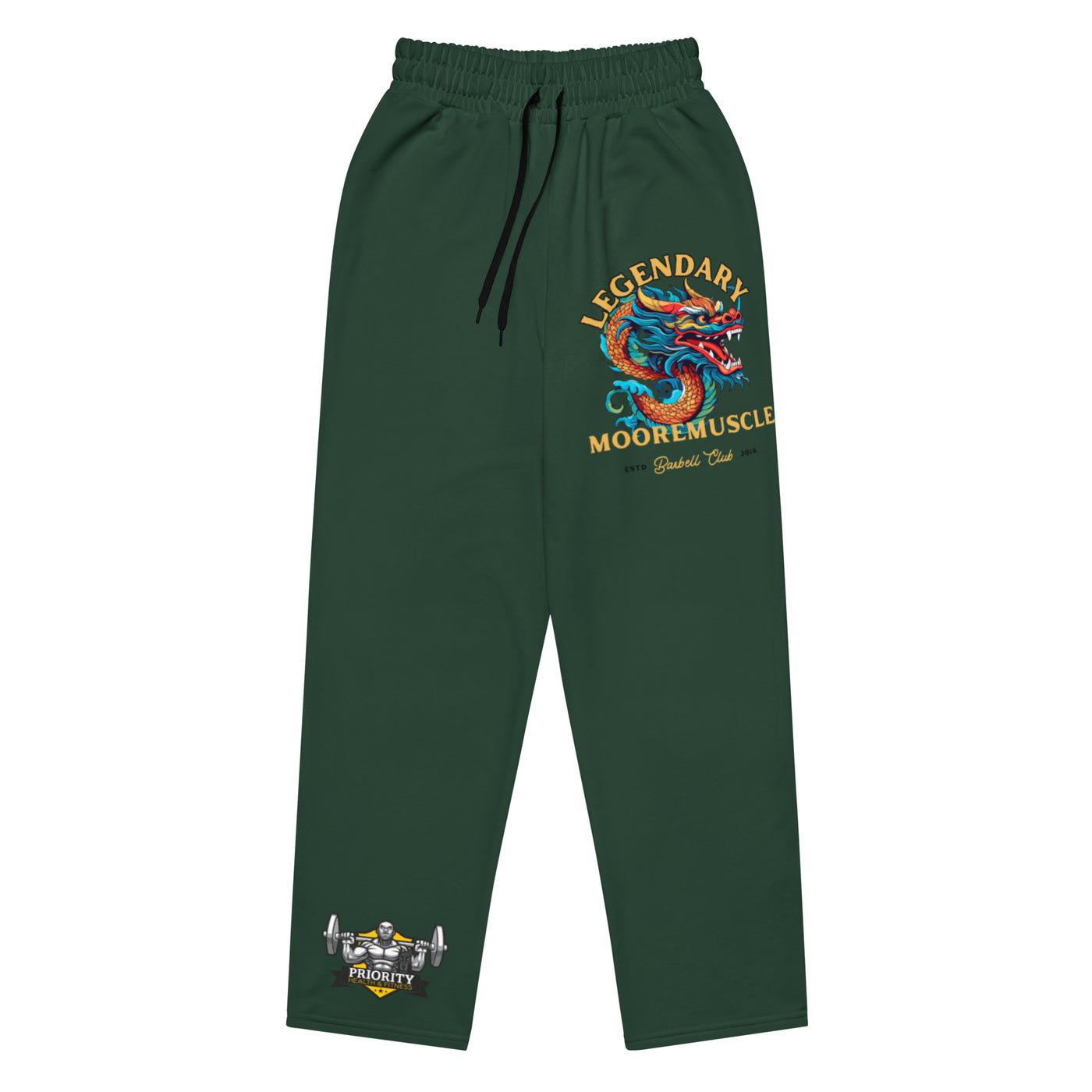 MooreMuscle Legendary Sweatpants in dark green with dragon graphic on right thigh and MooreMuscle logo on left ankle, wide-leg fit.