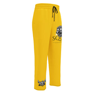 Yellow sweatpants with a logo on a white background