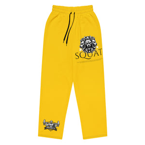 Yellow MooreMuscle Squat Sweatpants front view with lion graphic and SQUAT lettering