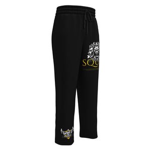 Black sweatpants with a logo on the left leg against a white background