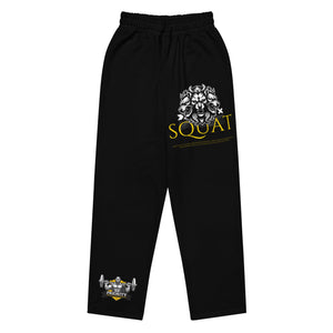 Black sweatpants with 'SQUAT' and lion graphic on a white background