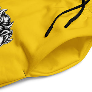 Yellow hoodie with black drawstring and a logo on a white background