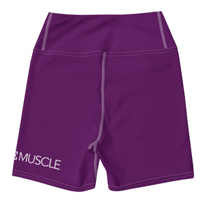 Purple high-waist compression shorts, back view, MooreMuscle logo on leg