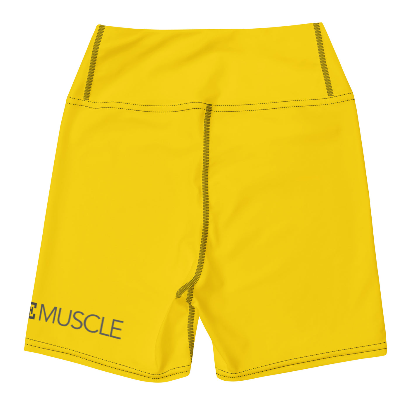 Yellow high-waist compression shorts, back view, MooreMuscle logo on leg