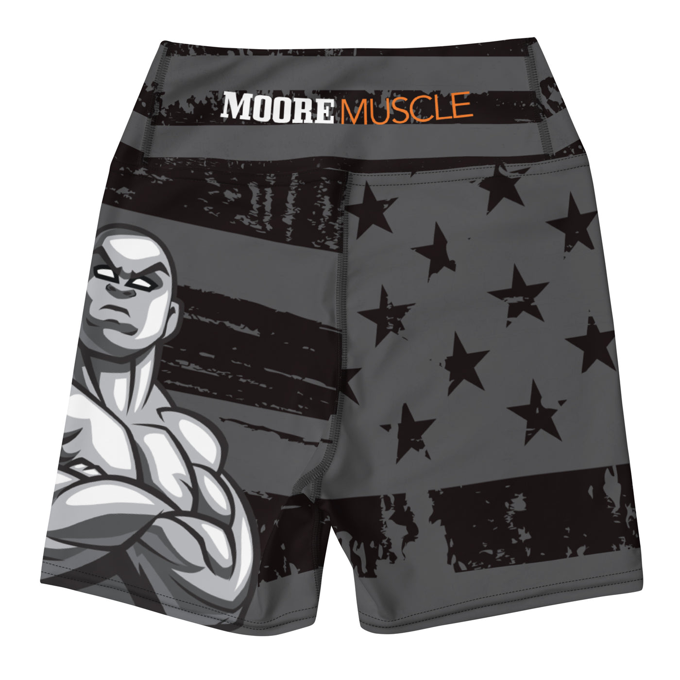MooreMuscle Flag High-Waist Compression Shorts front view with black and gray American flag design and muscular graphic