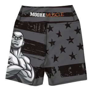 MooreMuscle Flag High-Waist Compression Shorts front view with black and gray American flag design and muscular graphic