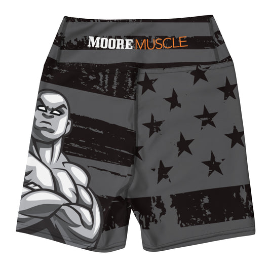 MooreMuscle Flag High-Waist Compression Shorts front view with black and gray American flag design and muscular graphic