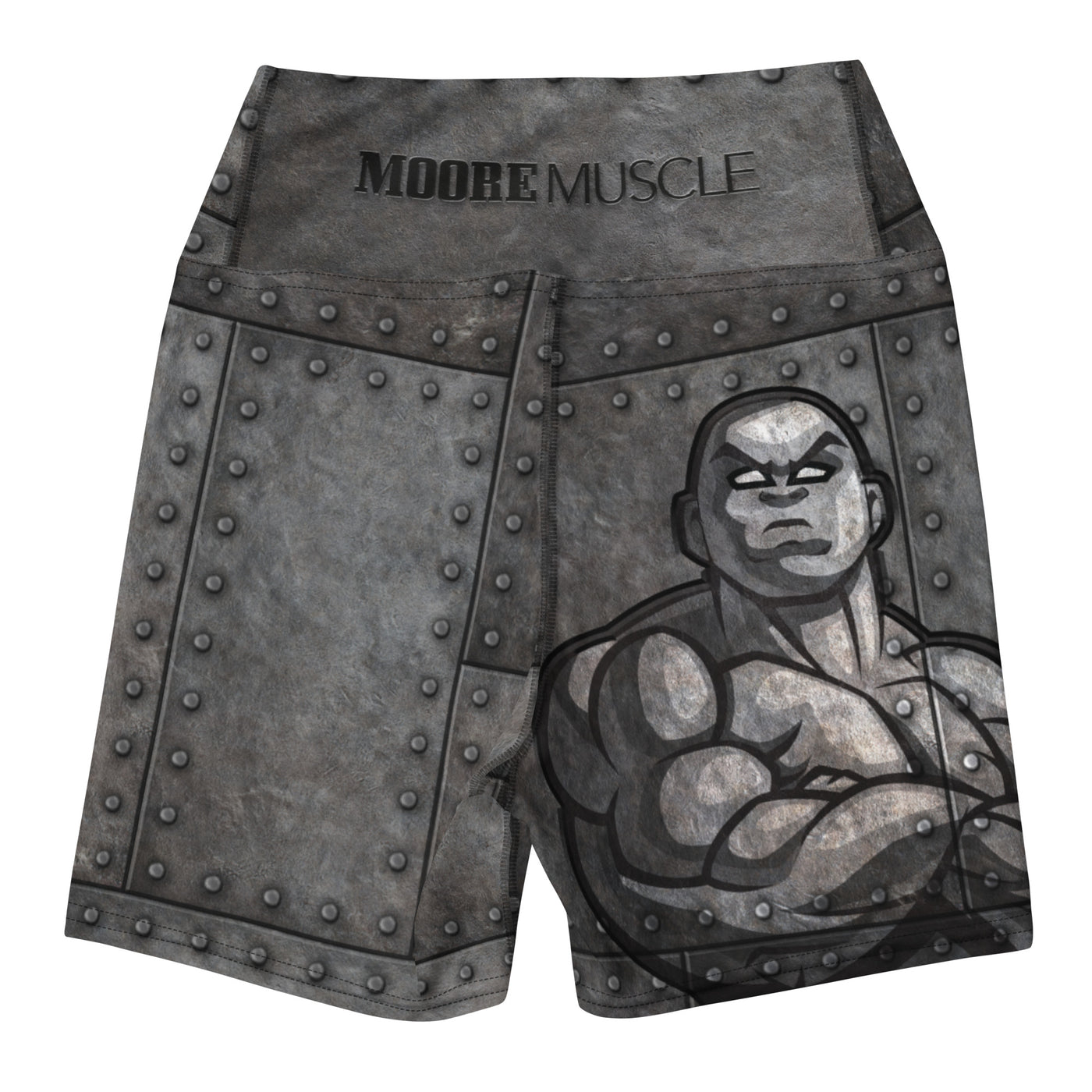 MooreMuscle Iron High-Waist Compression Shorts back view with gray riveted steel design and muscular graphic