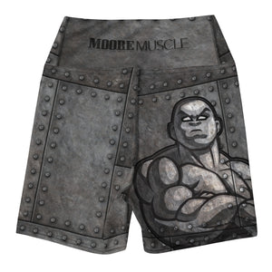 MooreMuscle Iron High-Waist Compression Shorts back view with gray riveted steel design and muscular graphic