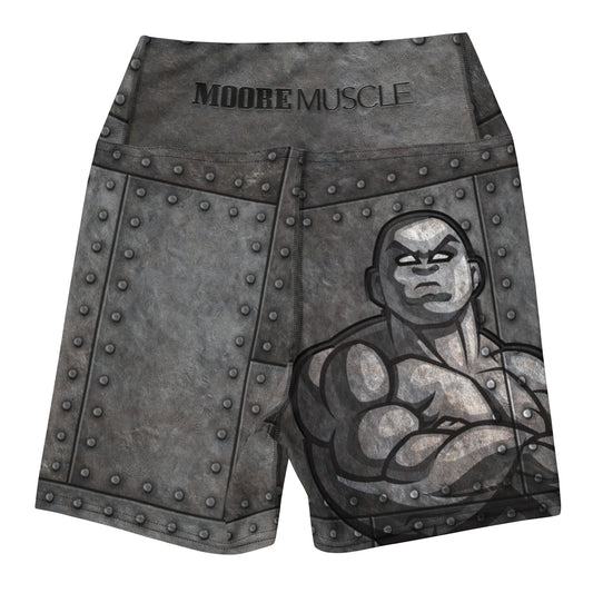 MooreMuscle Iron High-Waist Compression Shorts back view with gray riveted steel design and muscular graphic