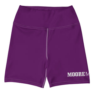 Purple high-waist compression shorts, front view, MooreMuscle logo on leg