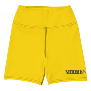 Yellow high-waist compression shorts, front view, MooreMuscle logo on leg