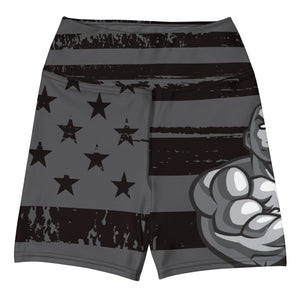 MooreMuscle Flag High-Waist Compression Shorts back view with distressed American flag pattern and star design