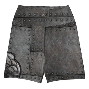 MooreMuscle Iron High-Waist Compression Shorts angled view with iron texture design and reinforced seam detail