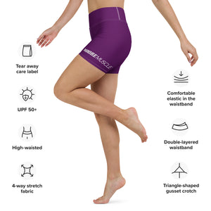 Model wearing purple high-waist compression shorts with feature and size chart graphic