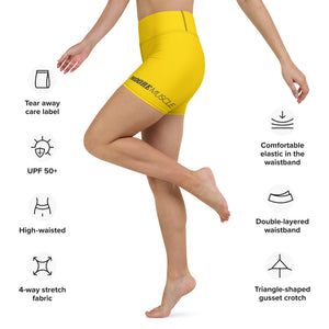 Size and feature chart for high-waist compression shorts (fabric, waistband, gusset, stitching)