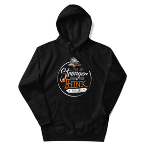 MooreMuscle black motivational hoodie flat lay front angle with Stronger Than You Think design