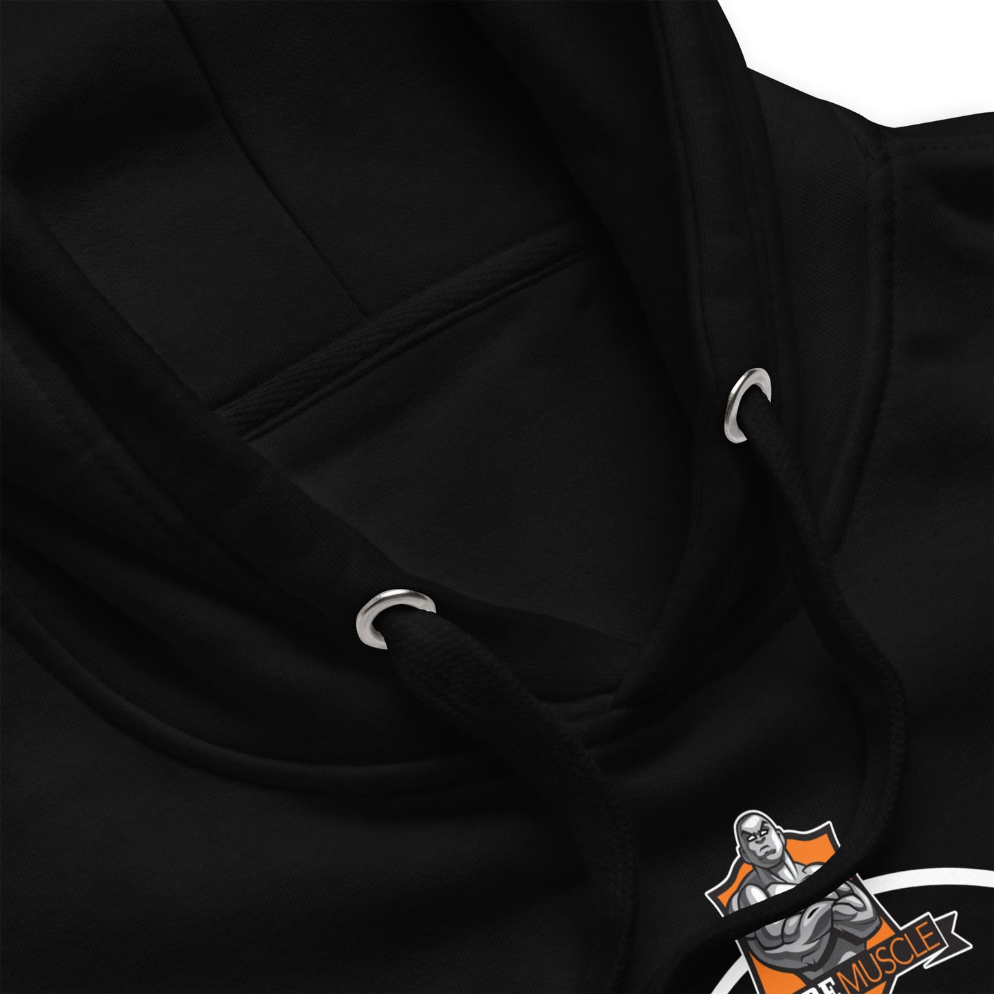 MooreMuscle black hoodie detail shot of hood stitching and premium drawstrings