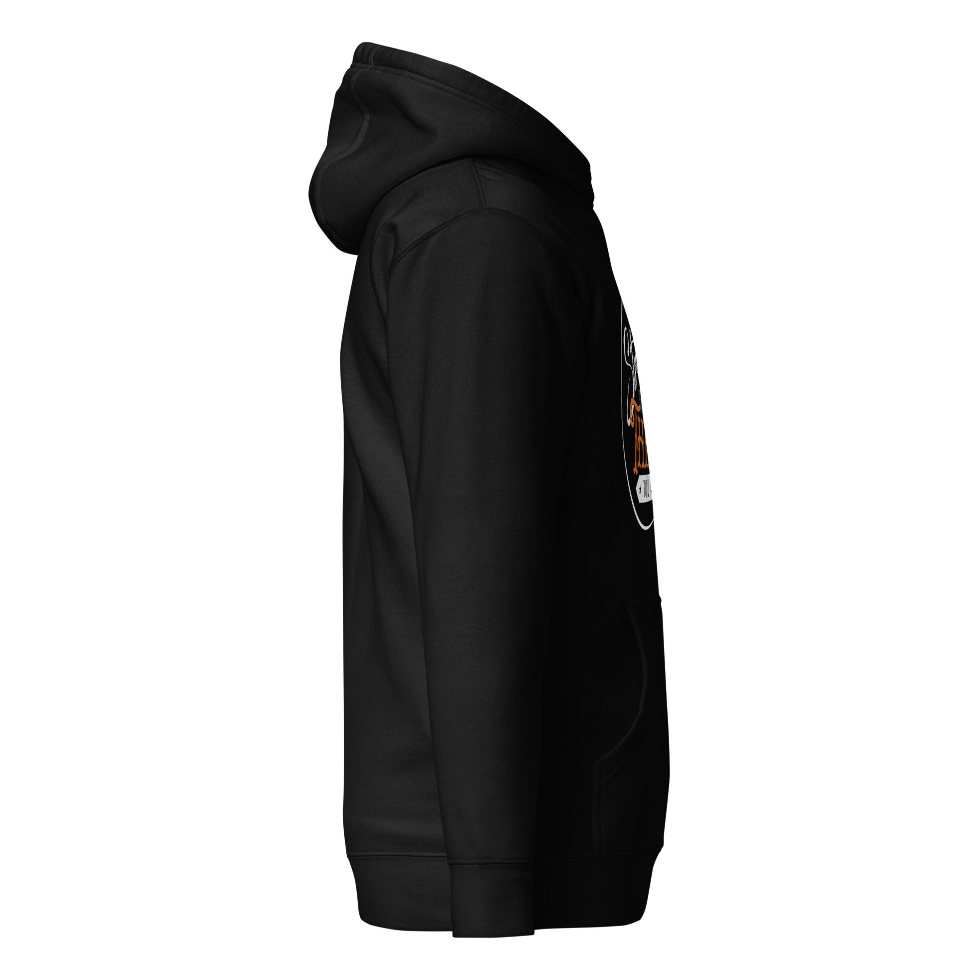 MooreMuscle black hoodie right side profile showing athletic cut and sleeve structure