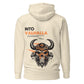 Into Valhalla hoodie back view in cream with Viking skull graphic and bold typography