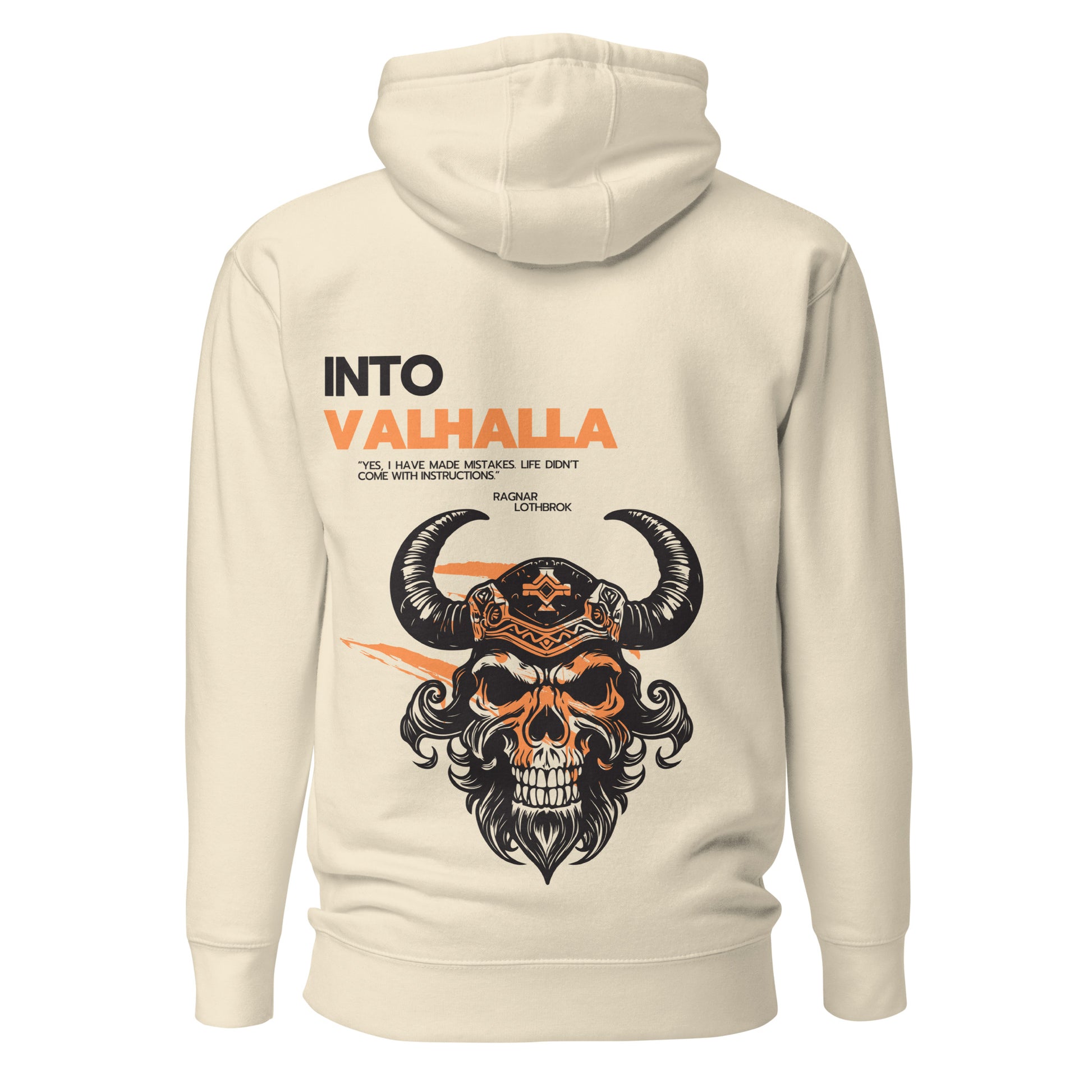Into Valhalla hoodie back view in cream with Viking skull graphic and bold typography