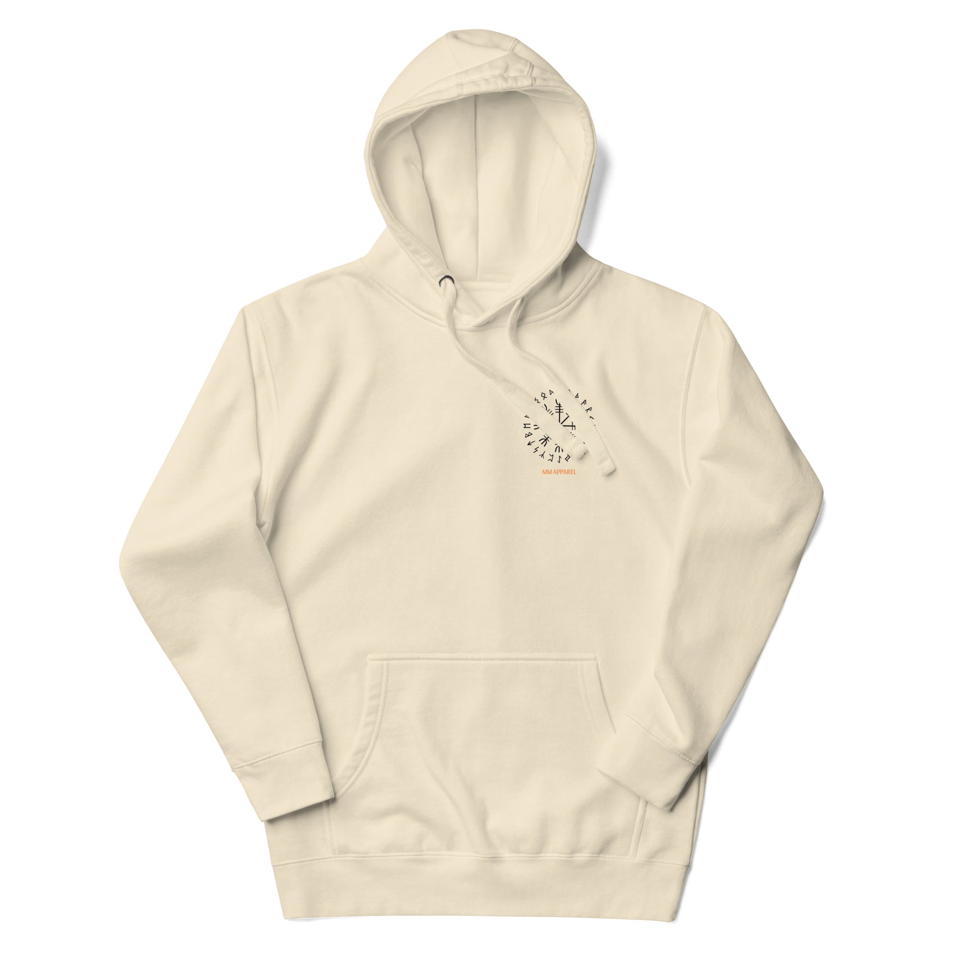 Front view of Into Valhalla hoodie in cream with minimal chest emblem and unisex fit