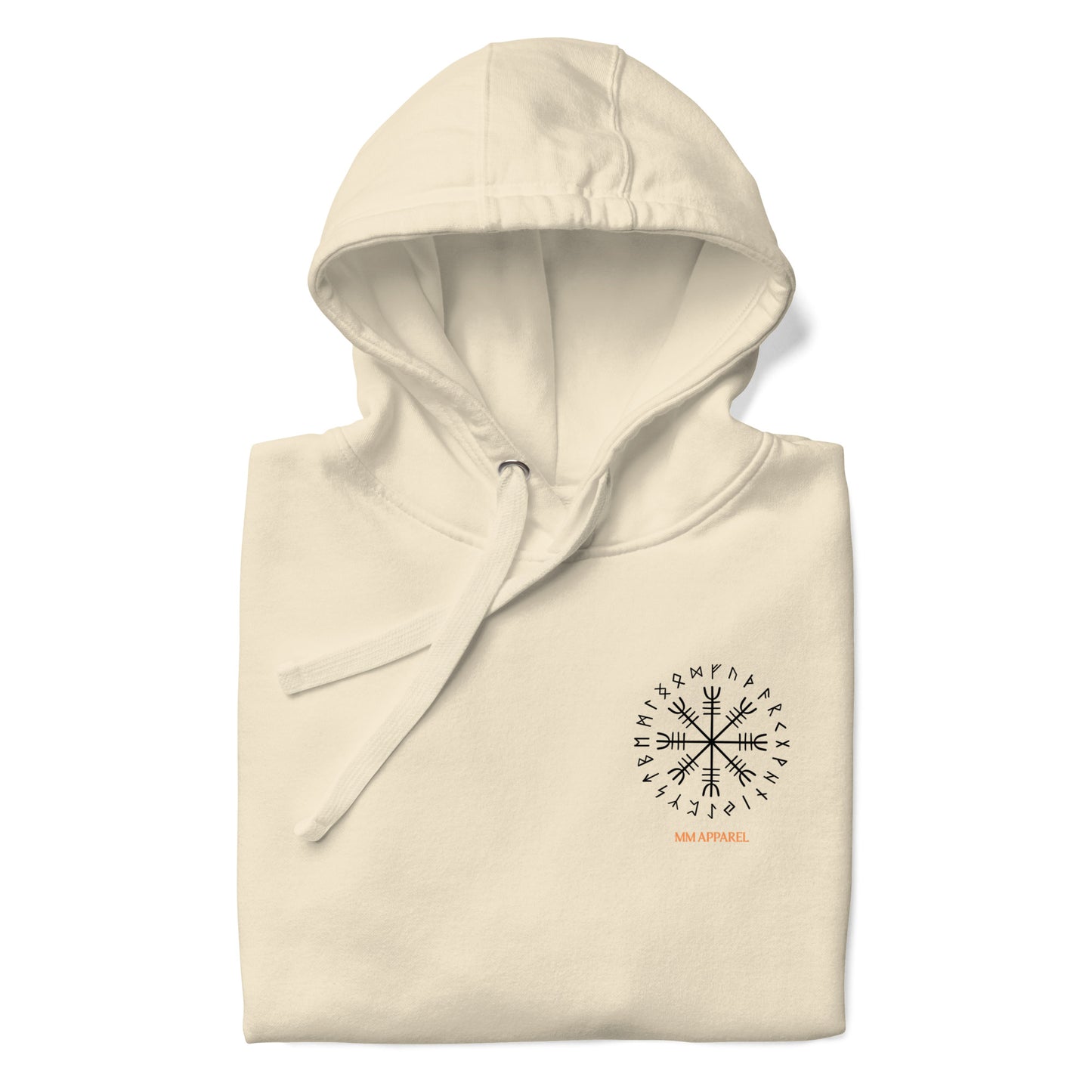 Folded Into Valhalla hoodie showing hood shape and chest emblem detail