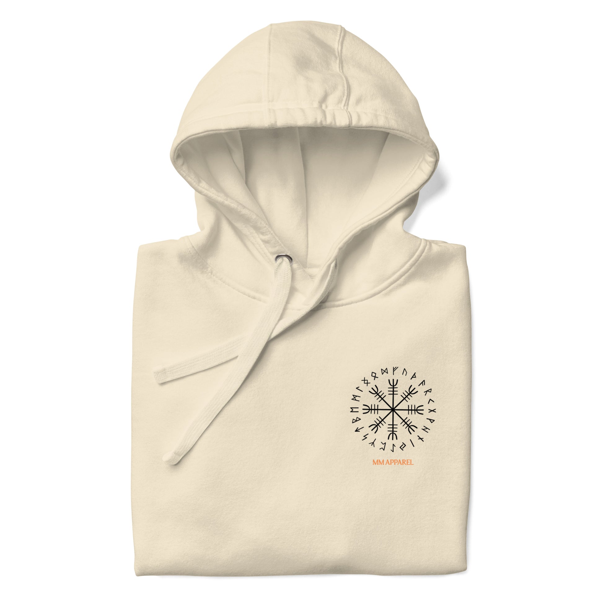 Folded Into Valhalla hoodie showing hood shape and chest emblem detail
