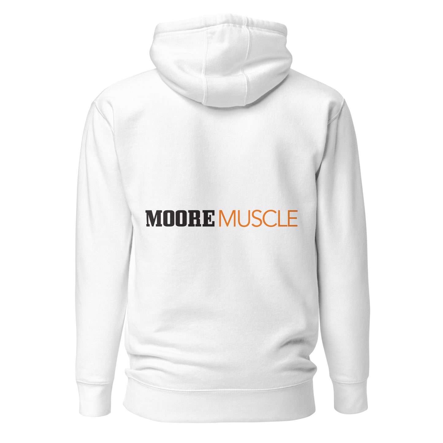 MooreMuscle white unisex hoodie back view featuring clean logo print across shoulder blades.