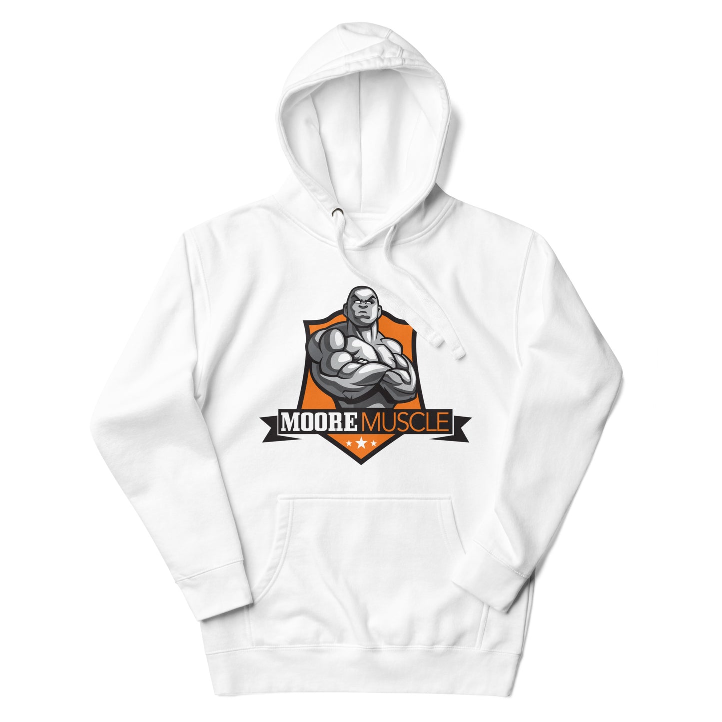 MooreMuscle white hoodie flat lay with large front logo graphic displayed.