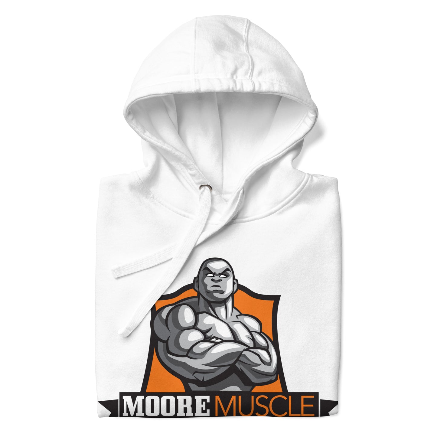 Close-up detail of MooreMuscle white hoodie hood stitching and matching drawstrings.