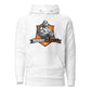 MooreMuscle white unisex hoodie front view with bold logo graphic for gym and lifestyle wear.