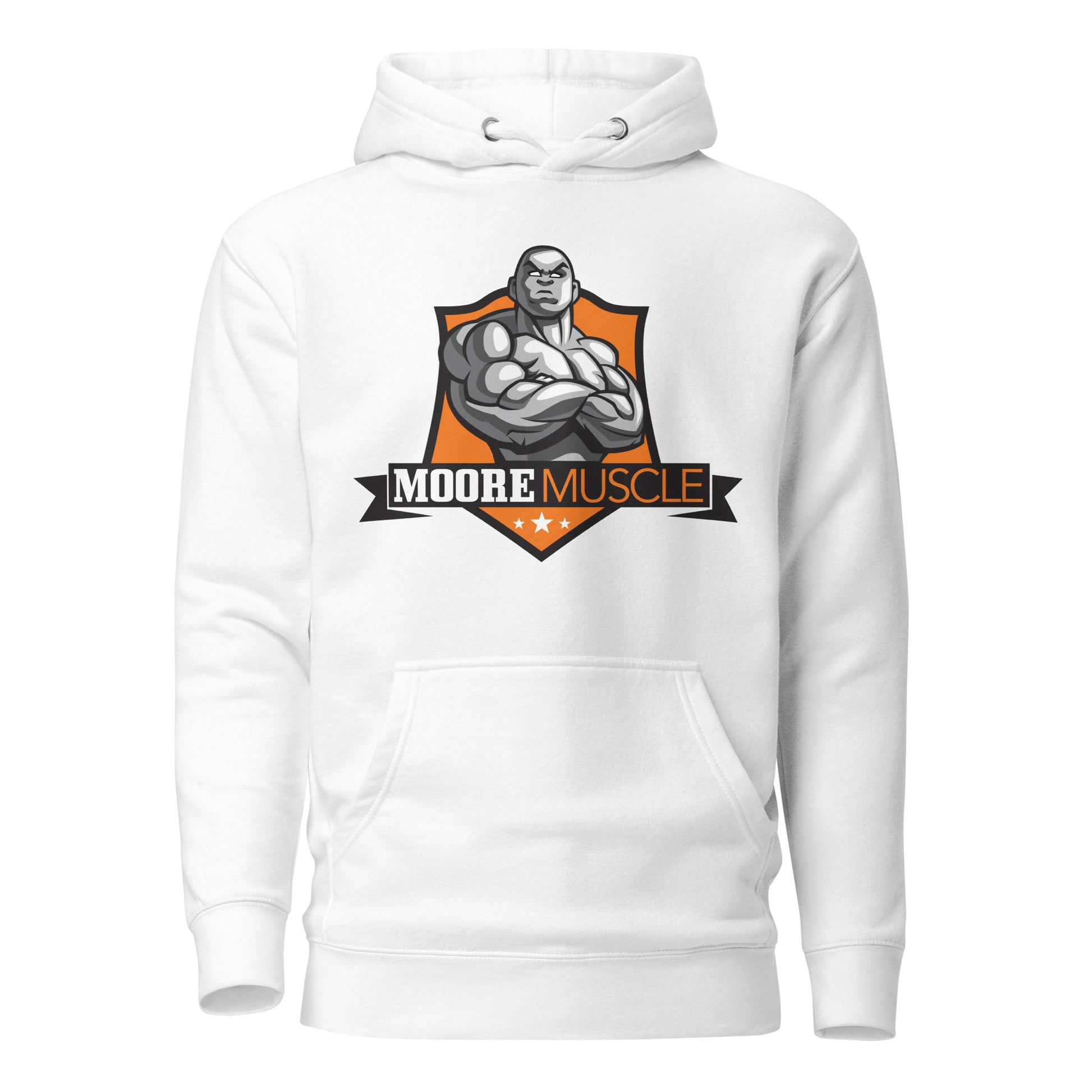 MooreMuscle white unisex hoodie front view with bold logo graphic for gym and lifestyle wear.