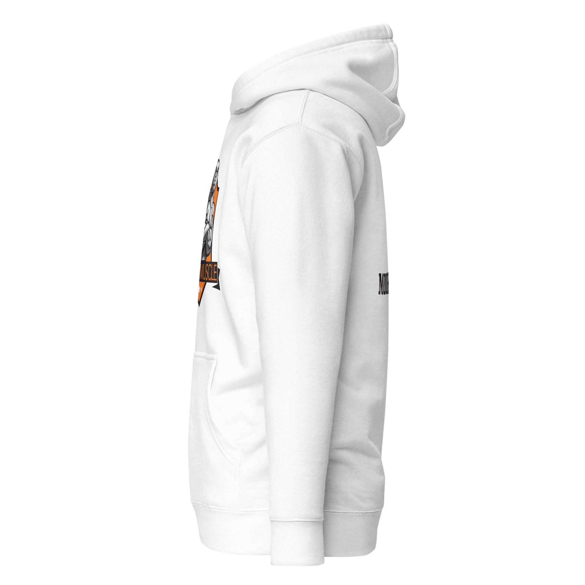 MooreMuscle white unisex hoodie left side profile showing fit and sleeve shape.
