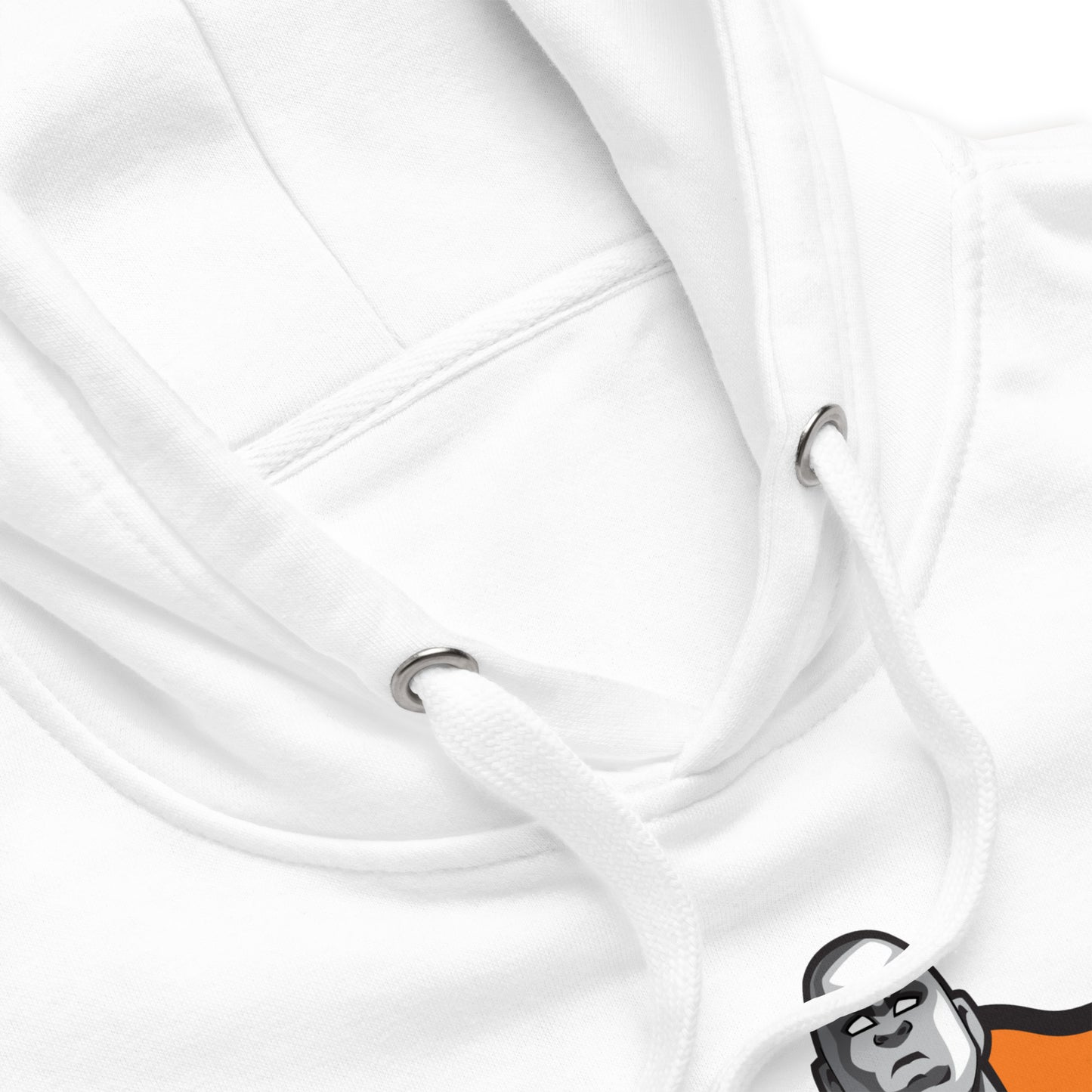 MooreMuscle white hoodie folded with front logo graphic visible on chest area.