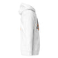 MooreMuscle white unisex hoodie right side profile highlighting silhouette and logo placement.