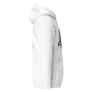 MooreMuscle white unisex hoodie right side profile highlighting silhouette and logo placement.