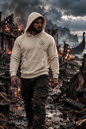 Man wearing the Into Valhalla heavyweight hoodie with hood up, walking past burning Viking ships, front view with Norse compass chest graphic