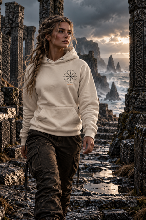Woman walking through ancient Norse ruins in the Into Valhalla hoodie, front view with the small compass chest logo