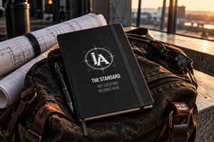 Iron Architect Training Log with black elastic closure resting on a leather gym bag next to rolled blueprints at sunset