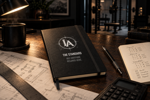 Black Iron Architect Training Log hardcover notebook with the IA logo, The Standard and Not Everyone Belongs Here on the cover, on a desk with blueprints and a calculator