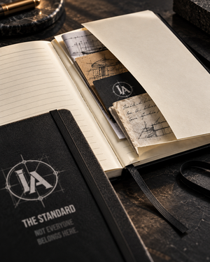 Iron Architect Training Log showing the expandable back pocket holding notes and the ribbon page marker