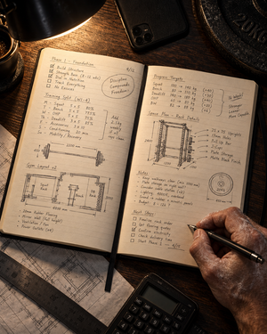 Open Iron Architect Training Log with handwritten training program, lift numbers and gym floor plan sketches on cream lined pages