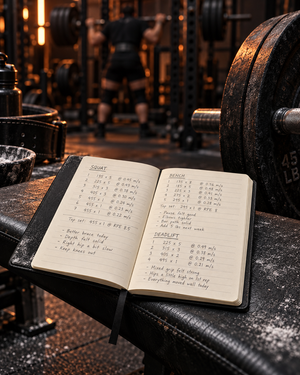 Iron Architect Training Log open on a weight bench in a powerlifting gym with a logged training session and a barbell behind it