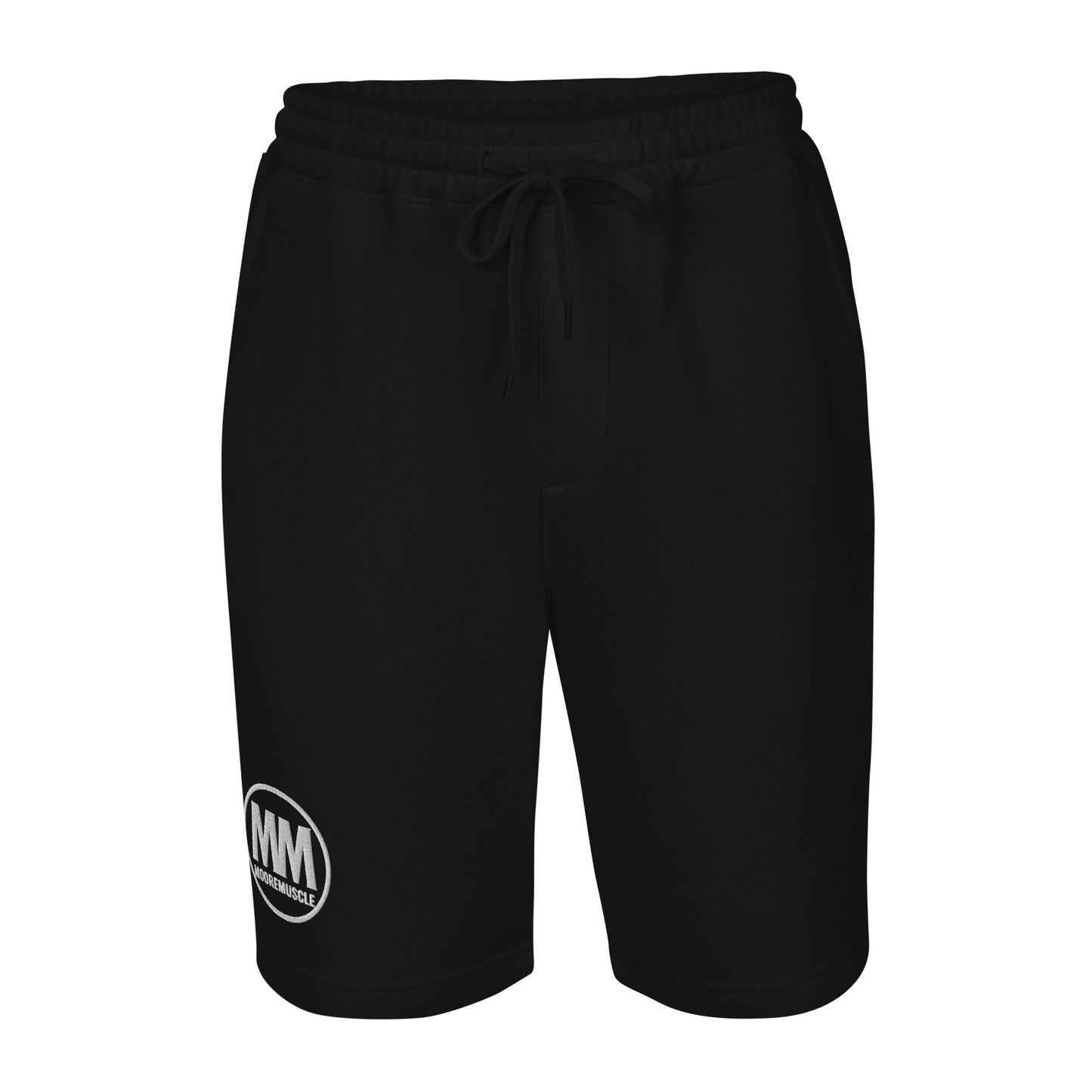 Front angled view of black MooreMuscle fleece shorts with relaxed fit and embroidered logo