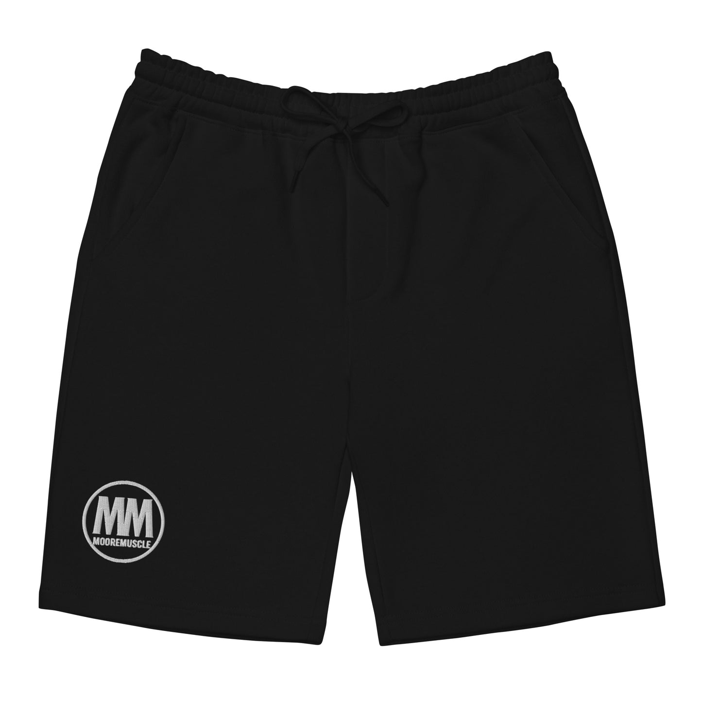 Black MooreMuscle men’s fleece shorts with elastic waistband and embroidered MM logo on left leg